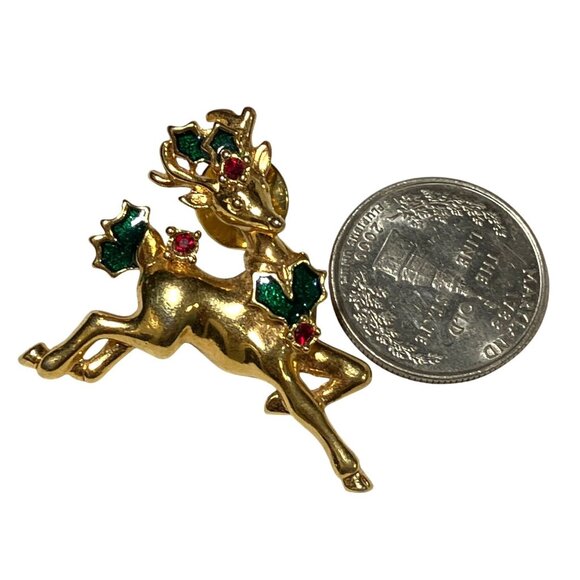 Avon Vintage Reindeer Pin Brooch Gold Tone With Red & Green Enamel Accents - Picture 5 of 6